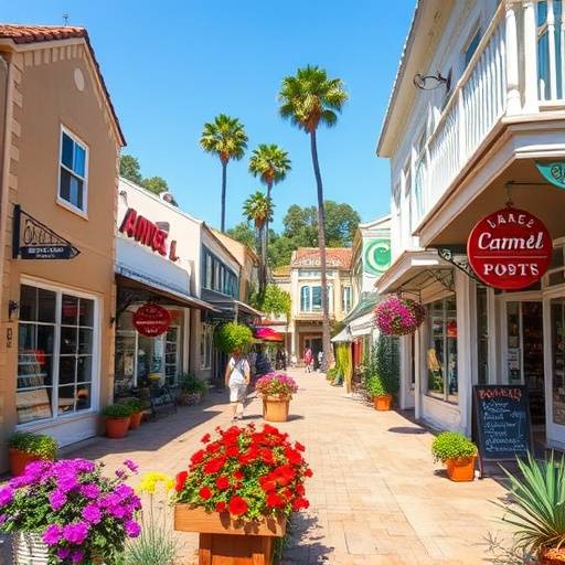 Charming streets of Carmel-by-the-Sea with quaint shops and colorful flowers.