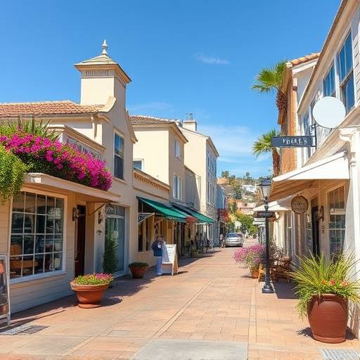 Charming streets of Carmel-by-the-Sea with quaint shops and colorful flowers.