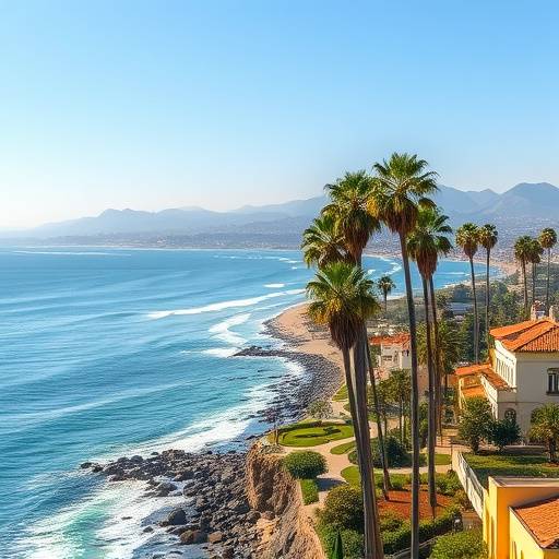 Santa Barbara coastline with palm trees and Spanish-style architecture