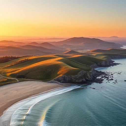 Sweeping view of Half Moon Bay with rolling hills and a long sandy beach.