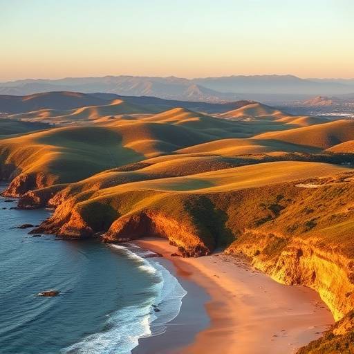 Sweeping view of Half Moon Bay with rolling hills and a long sandy beach.
